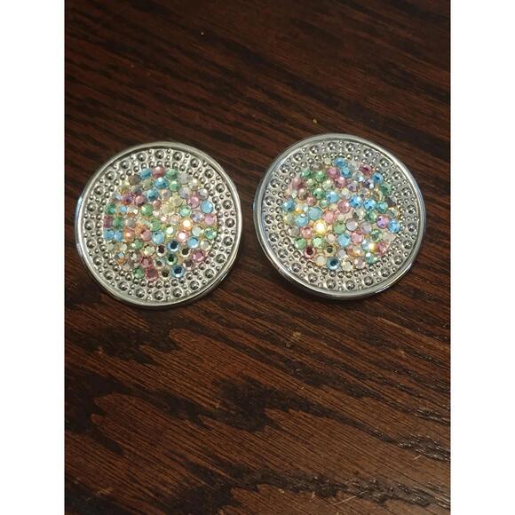 Vintage Richard Kerr Earrings multicolor Huge Stud Signed Crystal Disc Clip On - Picture 1 of 3